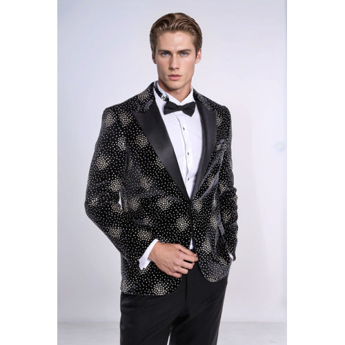 Slim Fit Dot Patterned Black Men Sparkle Jackets -Chadrobe