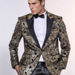Slim Fit Gold Paisley Patterned Black Men Tuxedo Blazer - Chadrobe