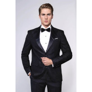 Satin Peak Lapel Textured Men's Royal Black Tuxedo Jacket - Chadrobe