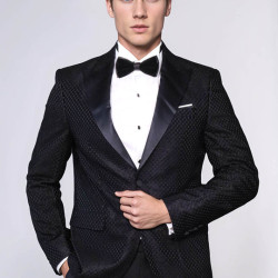 Satin Peak Lapel Textured Men's Royal Black Tuxedo Jacket - Chadrobe