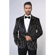 Gold Patterned Over Black Velvet Men Evening Tuxedo Blazer - Chadrobe