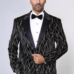 Gold Patterned Over Black Velvet Men Evening Tuxedo Blazer - Chadrobe