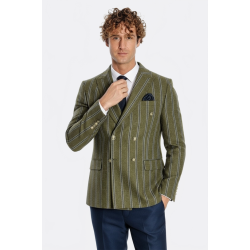 Wide Lapel Striped Double Breasted Green Men Blazer - Chadrobe