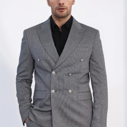 Anthracite Pinstriped Slim Fit Double-Breasted Blazer with Silver Metal Buttons – Chadrobe