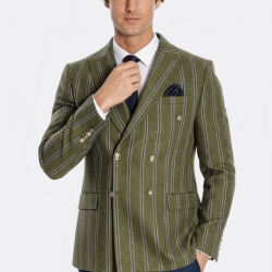Wide Lapel Striped Double Breasted Green Men Blazer - Chadrobe