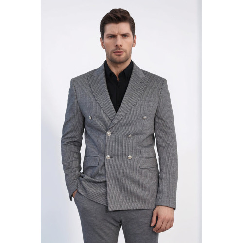 Anthracite Pinstriped Slim Fit Double-Breasted Blazer with Silver Metal Buttons – Chadrobe