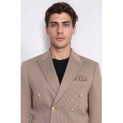Sand Beige Pinstriped Slim Fit Double-Breasted Blazer with Gold Metal Buttons – Chadrobe