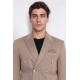 Sand Beige Pinstriped Slim Fit Double-Breasted Blazer with Gold Metal Buttons – Chadrobe