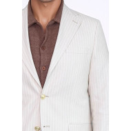 Cream Striped Linen Gold Metal Button Slim Fit Men's Blazer Jacket - Chadrobe