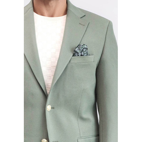 Sage Green Textured Gold Metal Button Slim Fit Men's Blazer Jacket - Chadrobe