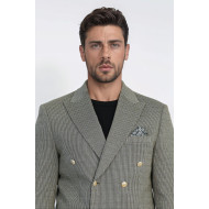 Olive Green Pinstriped Slim Fit Double-Breasted Blazer with Gold Metal Buttons – Chadrobe