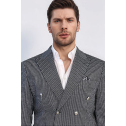Black Pinstriped Slim Fit Double-Breasted Blazer with Silver Metal Buttons – Chadrobe