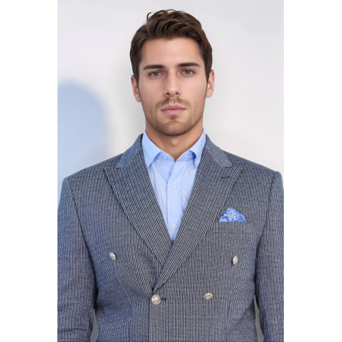 Navy Pinstriped Slim Fit Double-Breasted Blazer with Silver Metal Buttons – Chadrobe