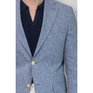 Dark Blue Textured Linen-Feel Gold Metal Button Slim Fit Men's Blazer Jacket - Chadrobe