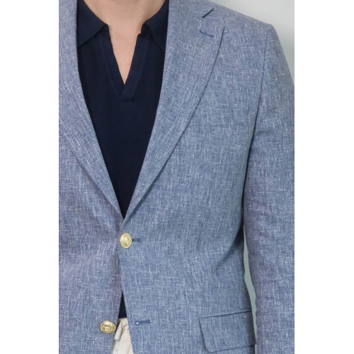 Dark Blue Textured Linen-Feel Gold Metal Button Slim Fit Men's Blazer Jacket - Chadrobe