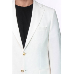 Ecru Textured Gold Metal Button Slim Fit Men's Blazer Jacket - Chadrobe