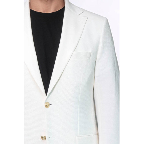 Ecru Textured Gold Metal Button Slim Fit Men's Blazer Jacket - Chadrobe