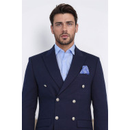 Navy Blue Solid Slim Fit Double-Breasted Blazer with Silver Metal Buttons – Chadrobe
