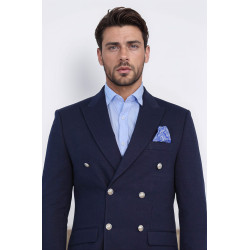 Navy Blue Solid Slim Fit Double-Breasted Blazer with Silver Metal Buttons – Chadrobe