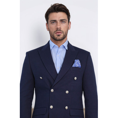 Navy Blue Solid Slim Fit Double-Breasted Blazer with Silver Metal Buttons – Chadrobe