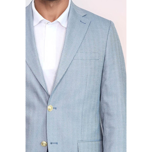 Light Blue Herringbone Pattern Gold Metal Button Slim Fit Men's Blazer Jacket - Chadrobe