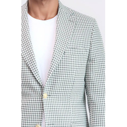 Light Grey Houndstooth Pattern Gold Metal Button Slim Fit Men's Blazer Jacket - Chadrobe