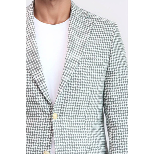 Light Grey Houndstooth Pattern Gold Metal Button Slim Fit Men's Blazer Jacket - Chadrobe