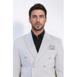 Grey Pinstriped Slim Fit Double-Breasted Blazer with Silver Metal Buttons – Chadrobe