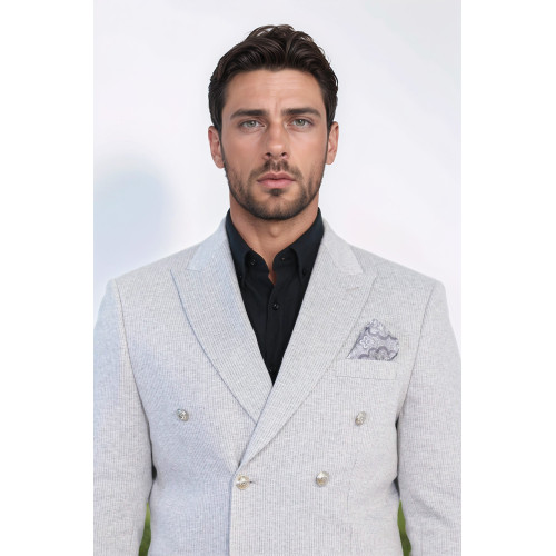 Grey Pinstriped Slim Fit Double-Breasted Blazer with Silver Metal Buttons – Chadrobe
