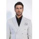 Grey Pinstriped Slim Fit Double-Breasted Blazer with Silver Metal Buttons – Chadrobe