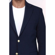 Navy Blue Textured Gold Metal Button Slim Fit Men's Blazer Jacket - Chadrobe