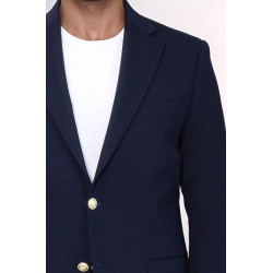 Navy Blue Textured Gold Metal Button Slim Fit Men's Blazer Jacket - Chadrobe