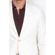 Ecru Striped Linen Gold Metal Button Slim Fit Men's Blazer Jacket - Chadrobe