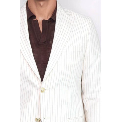 Ecru Striped Linen Gold Metal Button Slim Fit Men's Blazer Jacket - Chadrobe