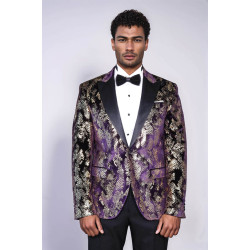Peak Lapel Slim Fit Gold Patterned Purple Men Singer Tuxedo Blazer