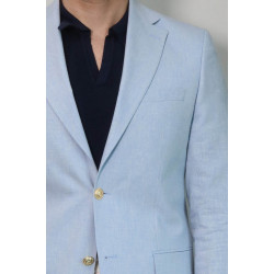 Light Blue Textured Linen-Feel Gold Metal Button Slim Fit Men's Blazer Jacket - Chadrobe