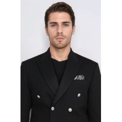 Black Solid Slim Fit Double-Breasted Blazer with Silver Metal Buttons – Chadrobe
