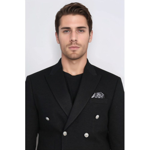 Black Solid Slim Fit Double-Breasted Blazer with Silver Metal Buttons – Chadrobe