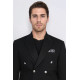 Black Solid Slim Fit Double-Breasted Blazer with Silver Metal Buttons – Chadrobe