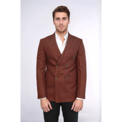 Houndstooth Patterned Brown Men Double Breasted Blazer - Chadrobe