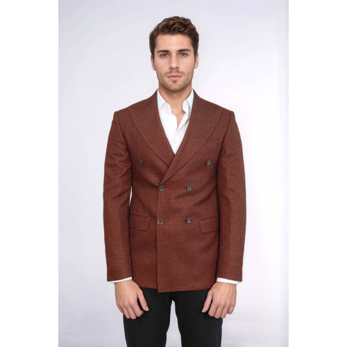 Houndstooth Patterned Brown Men Double Breasted Blazer - Chadrobe