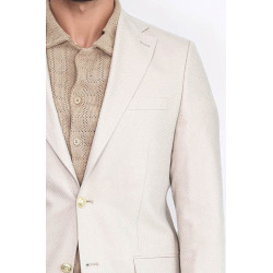 Beige Herringbone Pattern Gold Metal Button Slim Fit Men's Blazer Jacket - Chadrobe