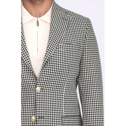 Black & Cream Houndstooth Pattern Gold Metal Button Slim Fit Men's Blazer Jacket - Chadrobe