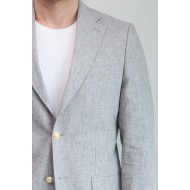 Grey Textured Linen-Feel Gold Metal Button Slim Fit Men's Blazer Jacket - Chadrobe