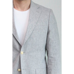 Grey Textured Linen-Feel Gold Metal Button Slim Fit Men's Blazer Jacket - Chadrobe