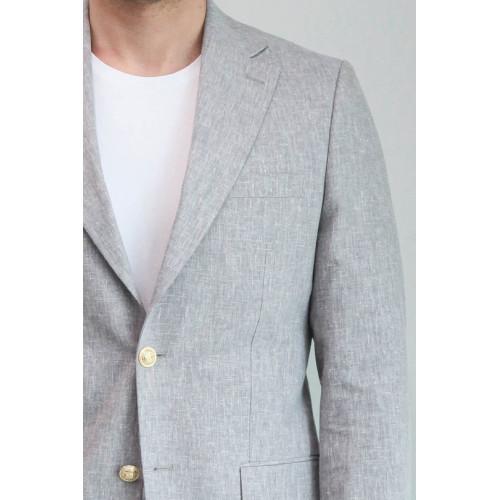 Grey Textured Linen-Feel Gold Metal Button Slim Fit Men's Blazer Jacket - Chadrobe