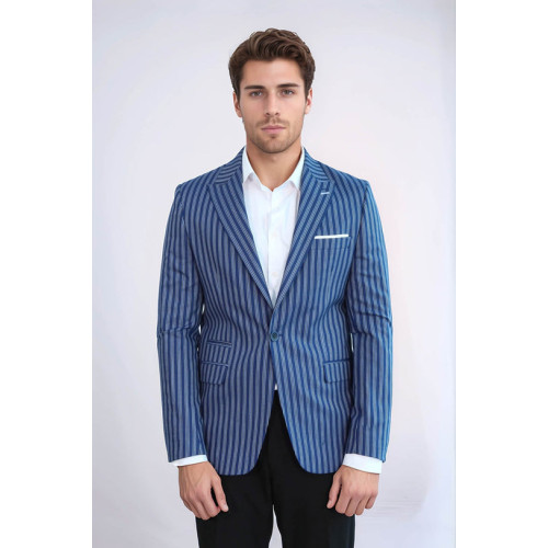 Striped Blue Slim-Fit Blazer - Chadrobe