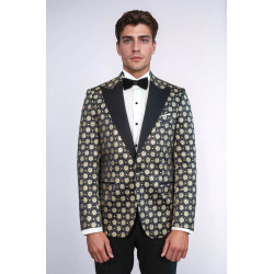 Floral Patterned Peak Lapel Navy Blue with Gold Embellished Dinner Jacket - Chadrobe