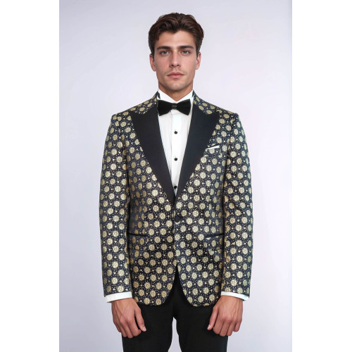 Floral Patterned Peak Lapel Navy Blue with Gold Embellished Dinner Jacket - Chadrobe
