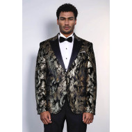 Peak Lapel Slim Fit Gold Patterned Black Men Evening Blazer